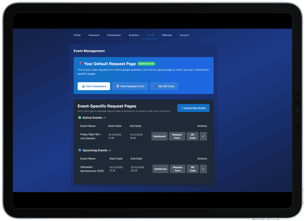 Screenshot of CeolCode event management platform with request pages and event options.