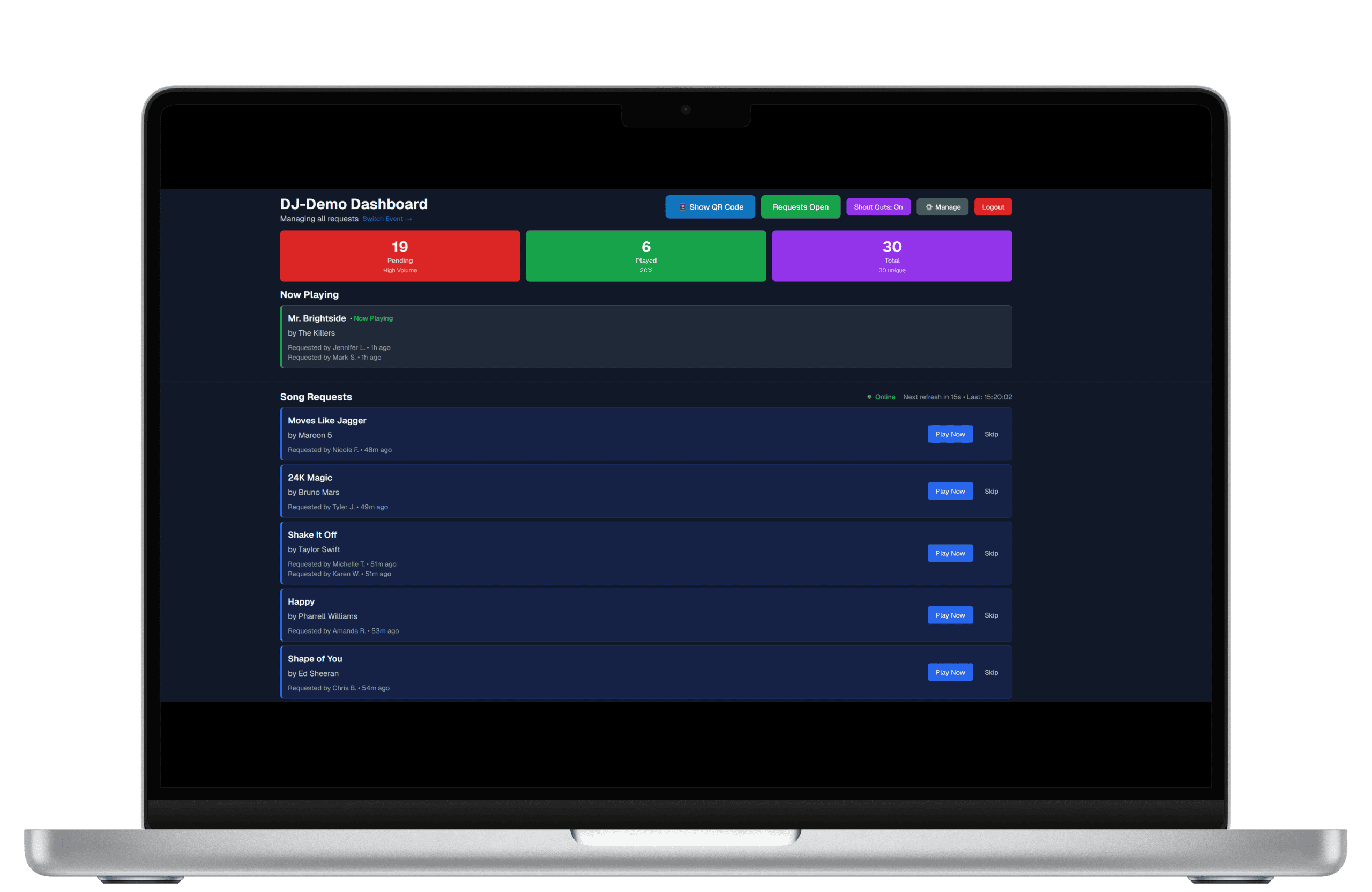 An intuitive DJ music request and playlist management interface for seamless live performances.