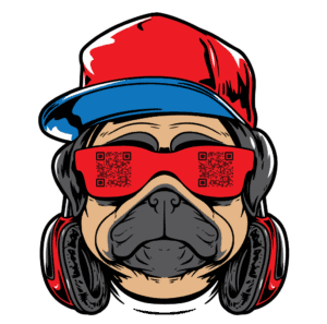 Dog wearing trendy red and blue cap, QR code glasses, and headphones, representing urban style and music passion.